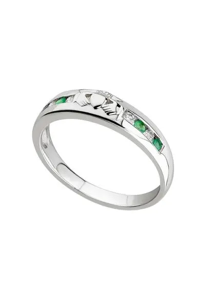 14ct White Gold & Diamond Claddagh Eternity Ring with Emerald